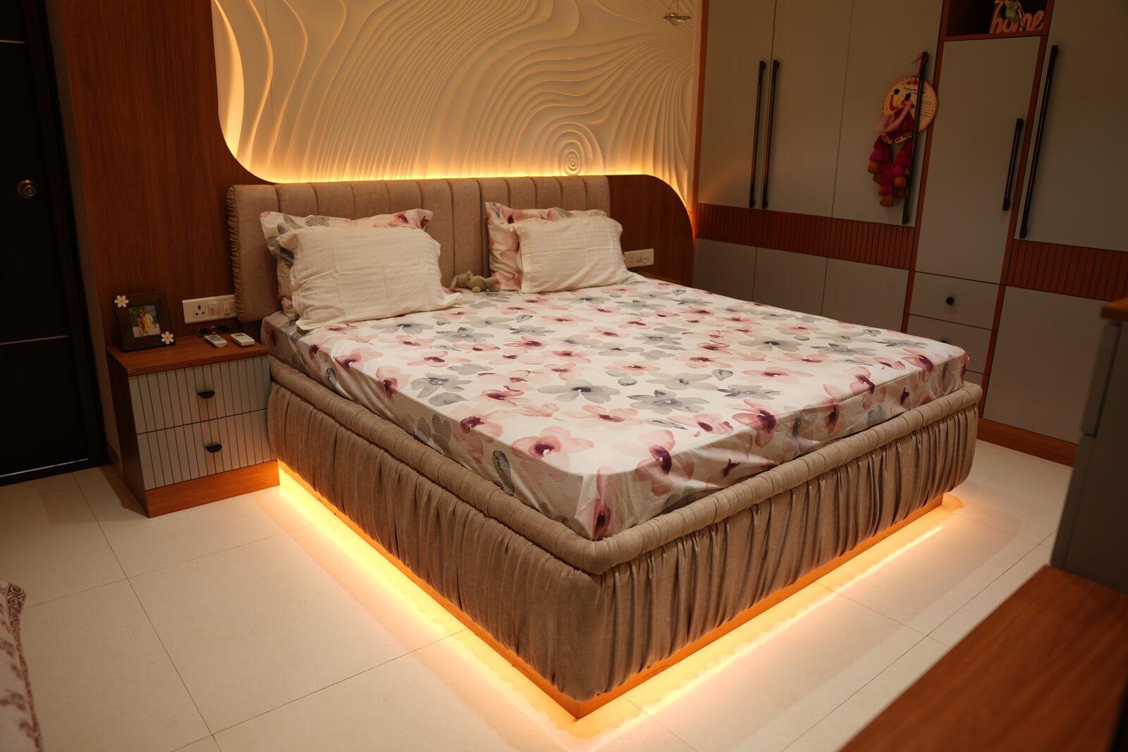 Bedroom with floating LED bed frame
